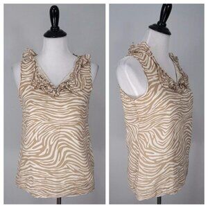 TALBOTS Tan Ruffle V-Neck Sleeveless Zebra Blouse Top Shirt Size P Petite